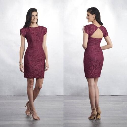 2019 Mini Mother of the Bride Dresses Jewel Short Sleeves Lace Evening Gowns Formal Wedding Guest Dresses