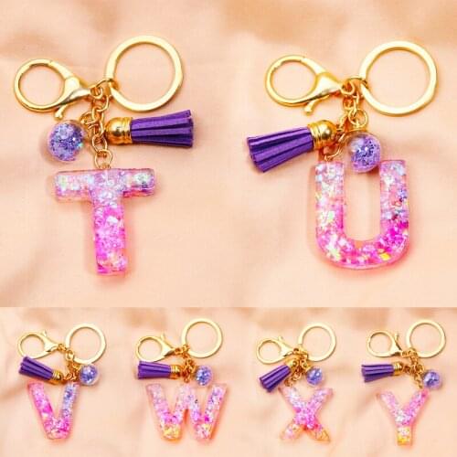 Transparent Acrylic Colorful Sequins Tassel Keychain Fashion Bag Pendant Women Golden Lobster Clasp 26 English Letters Key Ring