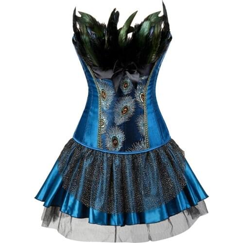 Embroidery Peacock Princess Corset Showgirl Dance tutu Skirt Cosplay Feathers Bustier Bodyshaper Suit Plus Size S-6XL