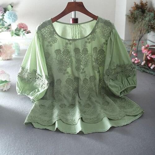 Womens Spring Summer Designer Floral Embroidery Vintage Cotton Shirt Female Square High Waist Casual Loose T Shirt Top TB565