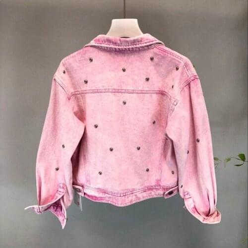 Women Rivet Beading Casual Pink Short Style Denim Jacket Top Quality Street Loose Batwing Sleeve Pocket Jeans Jacket Femme S-L