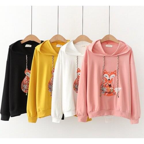 2020 New Women Hooded Hoodies Japanese Mori girl cute fox embroidery loose thin section long-sleeve Harajuku Sweatshirts