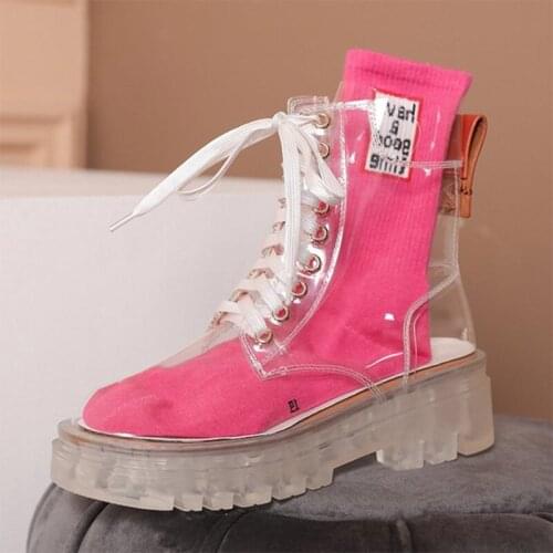 2021 New Summer Women Rain Boots Female Transparent Platform PU Leather Lace Up Shoes Ladies Comfortable No Slip Flat Boot