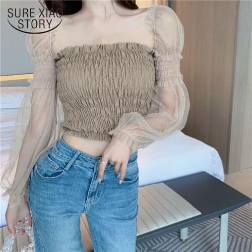 One-shoulder Strapless Clavicle Off Shoulder Top Shirt Womens Short Mesh Gauze Lantern Sleeve Blouse Sexy Sweet Casual 15042