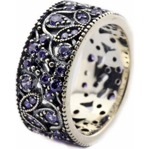 100% 925 Sterling-Silver-Jewelry Shimmering Leaves Rings with Purple Cubic Zirconia Free Shipping