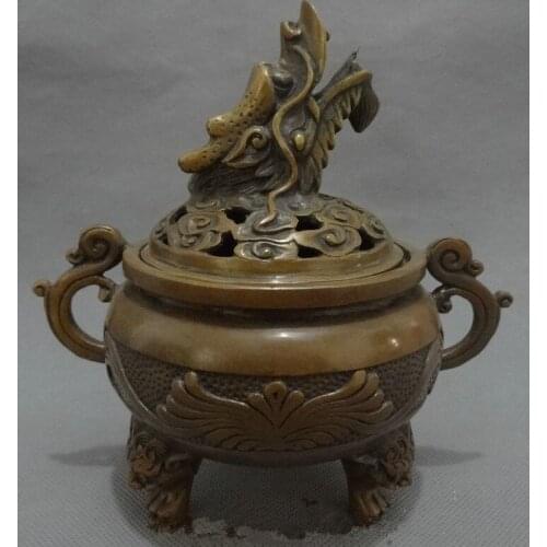 6.7 inch / Elaborate Chinese Buddhism copper lion dragon statue censer