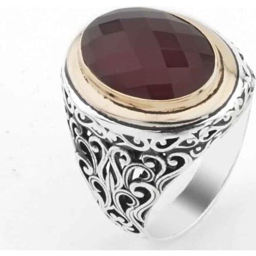 925 sterling Silver Big Red Zircon Stone Mens Ring