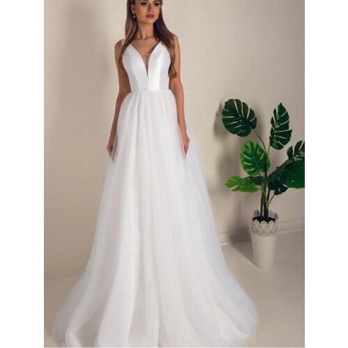 White Satin Tulle V-Neck Floor-Length Layered Skirt A-Line Wedding Dresses Custom Made Bridal Gowns