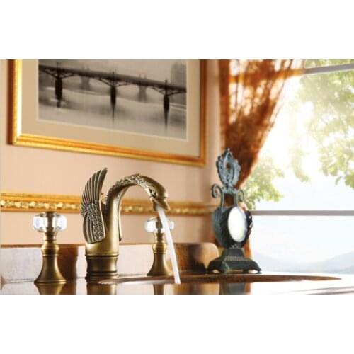 Free shipping Antique brass finish 3pcs swan sink faucet 8 inch widespread lav sink mixer faucet crystal handles Tap