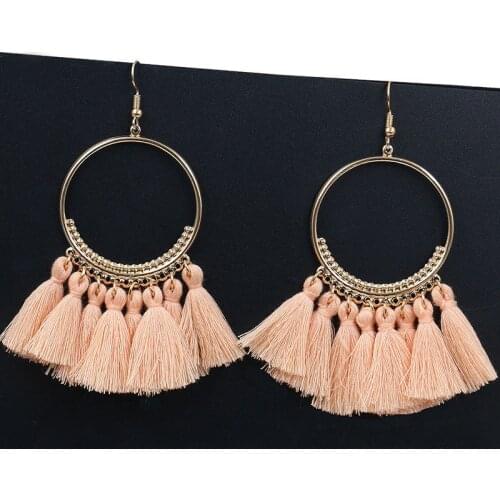 LOVBEAFAS Bohemian Long Black Tassel Earrings For Women Vintage Golden Round Drop Earrings Cotton Rope Fringe Jewelry Gift