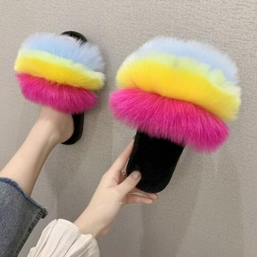 Shoes For Women 2020 Female Rainbow Color Fluffy Fur Ladies Flat Sandals Korea Fashion Soft Comfortable Non-Slip Women Slippers