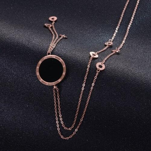 Black/white double-sided round pendant necklace, stainless steel long tassel necklace women accessories roman numerals jewellery