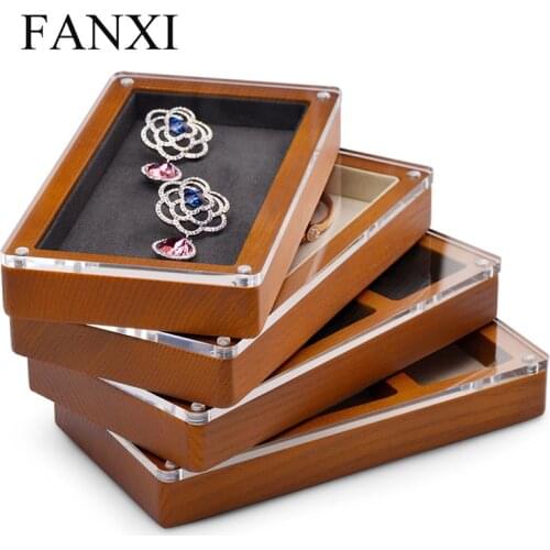 FANXI Jewelry Display Case Solid Wood Ring Pendant Organizer Case Necklace Display Tray with Microfiber Jewelry Storage Box New