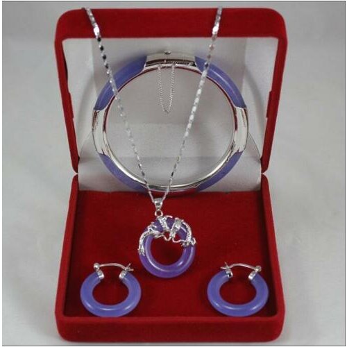 Pretty jewelry Set Purple Jade Pendant Necklace+Bracelet+Earring Set