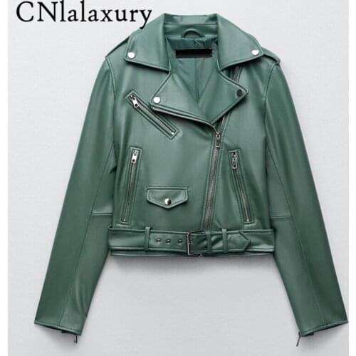 2021 New Za Spring Autumn Soft Faux Leather Short Jacket with Belt Women Lapel Pu Leather Coat Black Zipper Moto Biker Outwear
