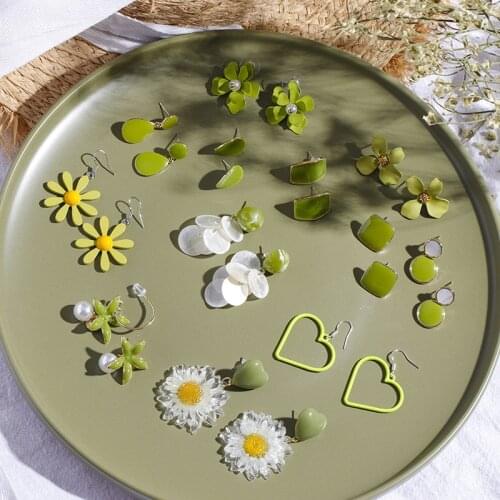 Minar Multiple Retro Green Color Acrylic Resin Love Heart Flower Earrings for Women Enamel Geometric Drop Earrings Party Jewelry