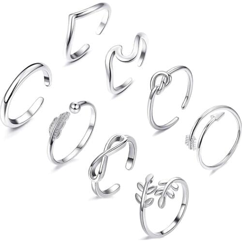 8PCS Open Rings Set for Women Arrow Knot Wave Rings Stackable Thumb Adjustable Rings Set