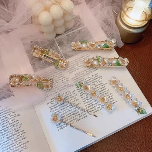 Women Hair Clips Set Jewelry Fashion Green Crystal Flower Hair Accessories Luxury Simulation Pearl Barrette Pin For Girl Gift