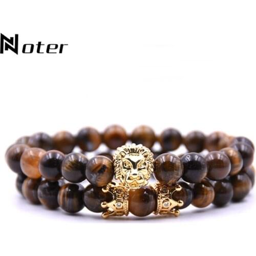 Noter 2pcs/set King Lion Bracelets Men Luxury Crown Braslet 8mm Natural Stone Beaded Brazalete Distance Couple Braclet Pulseira