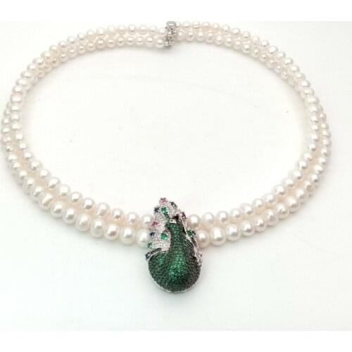 Hand knotted 2strands 7-8mm white round freshwater pearl necklace micro inlay zircon accessories pearl pendant long 45-47cm