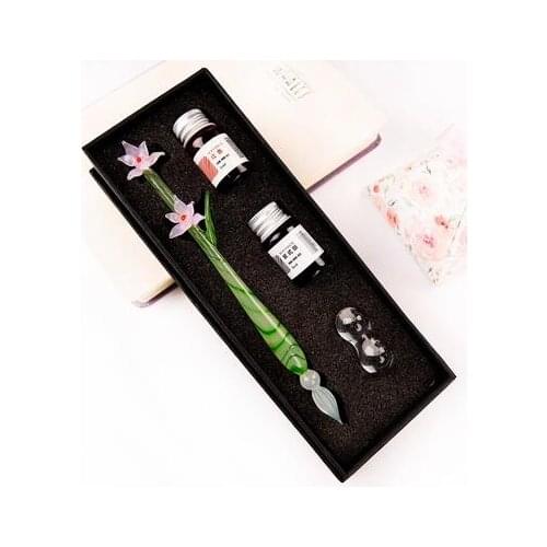 Jade Flower Glass Dip Pen With Colour Ink ,Painting Transparent Gradual Change Color Pen Gift Box Suit