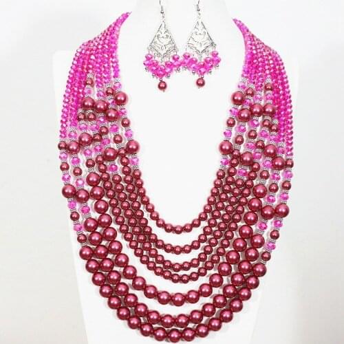 Special Charms Rose Red Round Shell Simulated-pearl 7 Rows Round Beads Necklace Earrings Diy Women Elegant Jewelry Set B1304