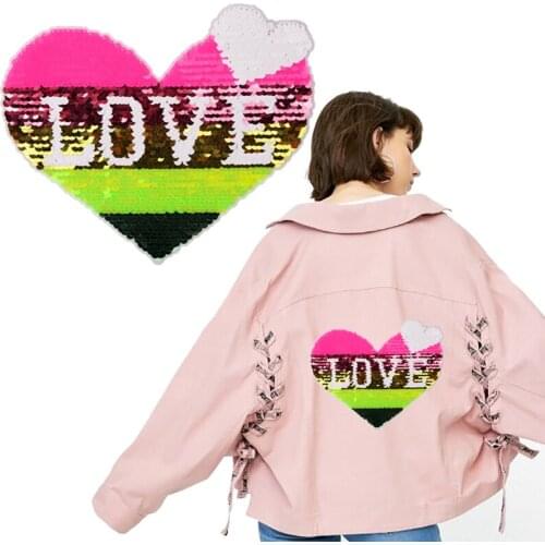 Hot Sale Sequined Stickers Paillettes Love Heart Big Sew On Embroidered Patch For Cloth Cartoon Badges Garment Appliques