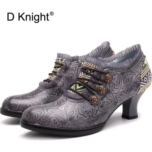 Retro Bohemian Lace Brim Ankle Pumps Women Shoes Vintage Genuine Leather Splicing Ladies Shoes New 2019 Ruffles Woman Zapatos