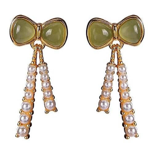 S925 sterling silver gold-plated natural Hetian gray Jade Pearl womens stud earrings temperament entry Lux bow eardrops
