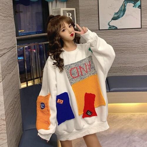 Womens Sweatshirts Pullovers Hoodies Patchwork Casual O-Neck Spring Summer New Korean Harajuku Style Loose Printing Shorts Tops
