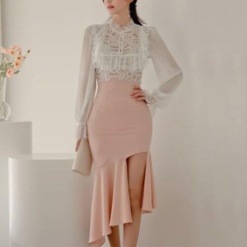New Summer 2 Pieces Set Women Chiffon Lace Patchwork Shirts Blouses Bodycon Pencil Ruffle Asymmetry Skirts Office Lady Suit
