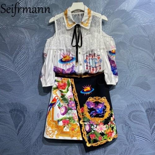 Seifrmann New 2021 Summer Women Fashion Runway Skirts Set Lantern Sleeve Lace Ruffles Blouses+High Waist Print Short Skirts Suit