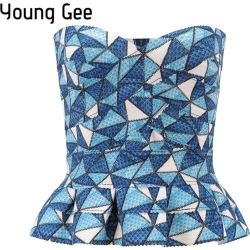 YoungGee Ruffle Strapless Crop Top Bandage Summer Short Geometric Print Blusa Slim Camisole Tank Vest Female Cropped Tops Bustie