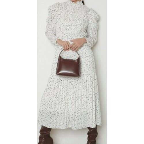 French Court Style Vintage Print Temperament Dress Women Slim A Line Draped Vestido Stand Collar Lace Up Puff Long Sleeve Robe