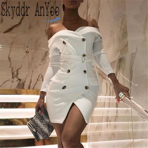 2020 Spring Autumn Sexy Off Shoulder Long Sleeve Belt Blazer Dress Women Bodycon Party Dress Elegnant Ladies Office White Dress