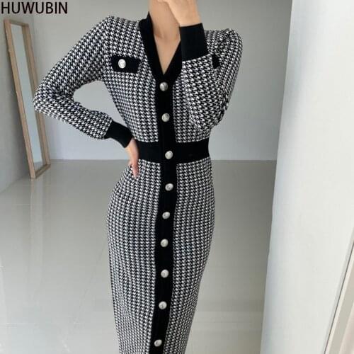 2021 Summer New Korean Chic V-Neck Single Breasted Knitted Long Sleeve High Waist Slim Stitching Fashionable And Elegant Dress