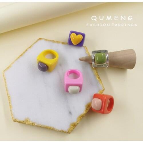 2021 Fashion Bohemia Colorful Square Geometric Heart Shaped Round Embellished Resin High Quality Ring Personality Girl Jewelry