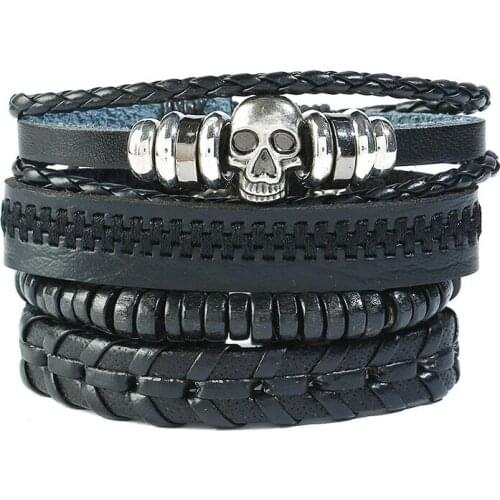 Punk Gothic Rock Black Bracelet Vintage Retro Skull Skeleton Charm Weave Rope Leather Bangle Wristband Fashion Women Men Jewelry