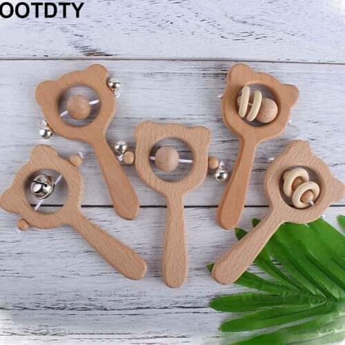 Wooden Rattle Beech Bear Hand Teething Wooden Ring Baby Rattles Play Gym Montessori Stroller Toy Educational Toys