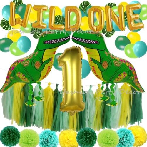 Baby Foil Balloons Paper Flowers Dinosaur Party Decorations Jungle Party First 1st Birthday Party Decorations Supplies Banner