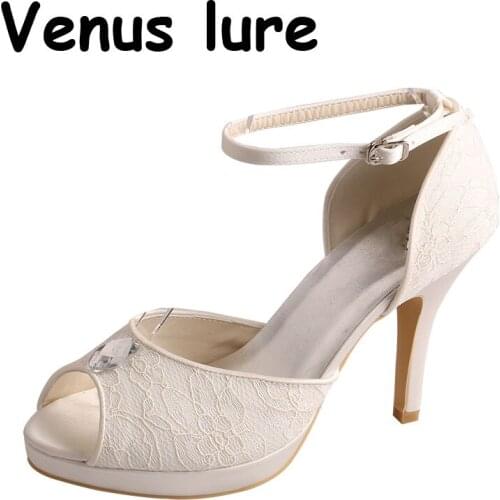 Venus lure Ankle Strap Open Toe Womens Dressy Shoes for Wedding Ivory Lace
