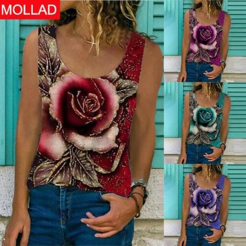 Europe and America Cross Border Womens 2021 Summer round Neck 3D Rose Printed Sleeveless T-shirt Loose Vest