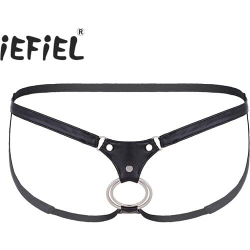 IEFiEL Sexy Mens Lingerie Faux Leather Open Back and Hollow Out Jockstrap Low Rise Bikini G-string Underwear with Metal Rings