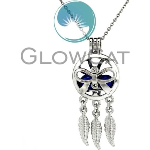 KK766 Bowknot Dream Catcher Oyster Pearl Cage Locket Pendant Aromatherapy Beads Cage Stainless Chains Necklace