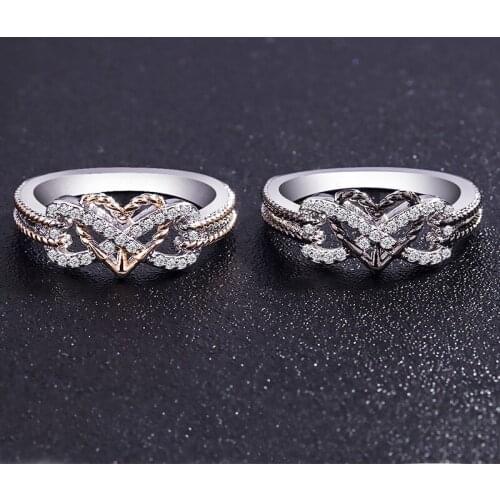 Classical Style Woven Heart-Shape Bowknot Crystal Zircon Silver Color Rings For Women Jewelry Trendy Fashion Birthday Love Gift