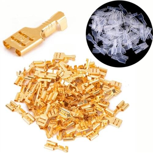 100pcs Brass Crimp Terminal Mayitr Female Spade Connectors 6.3mm with Insulating Sleeve 22-16 AWG