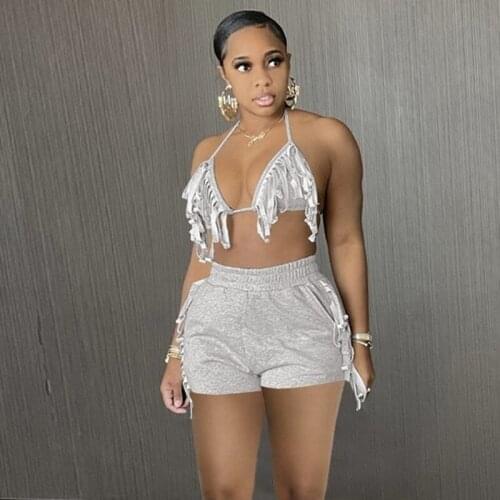 Summer Tassel Sexy Two Piece Set Women Beach Clothes Bandage Black Halter Top and Biker Shorts Set Bodycon Lace Crop Top Set