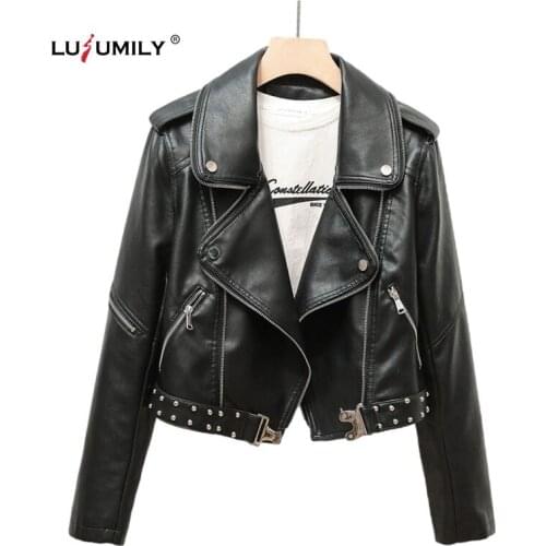 Lusumily 2021 New Arrivals Women Motorcycle Faux Leather Jackets Ladies Long Sleeve Biker PU Punk Streetwear Short Coats Female