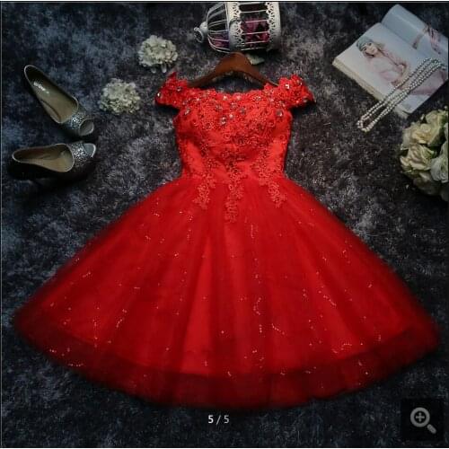 New arrival red lace appliques a line short part dress off the shoulder beaded crystals wedding gowns hot sale