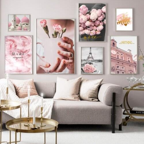 Rose Peony Paris Tower Pink Landscape Nordic Posters And Prints Wall Art Canvas Painting Wall Pictures For Living Room Decor